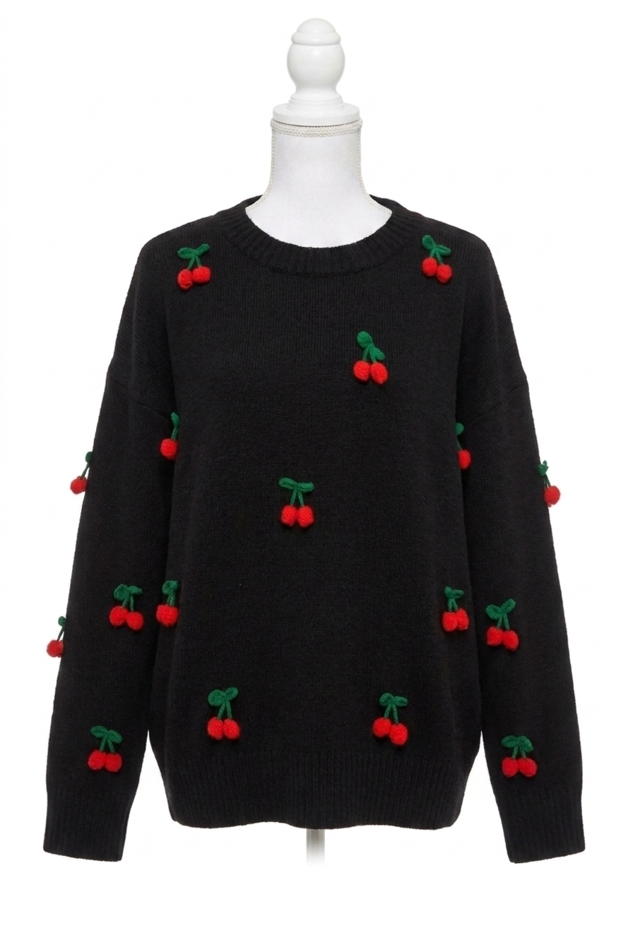NEW AND THE WHY shirley temple cherry pom sweater in black